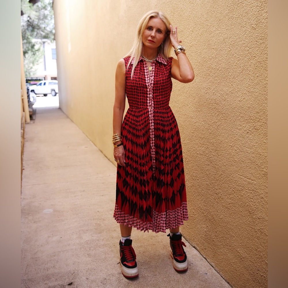 Saloni Red Pink Pleated Sleeveless Midi Darby Dress in Jester Flourish Size 0